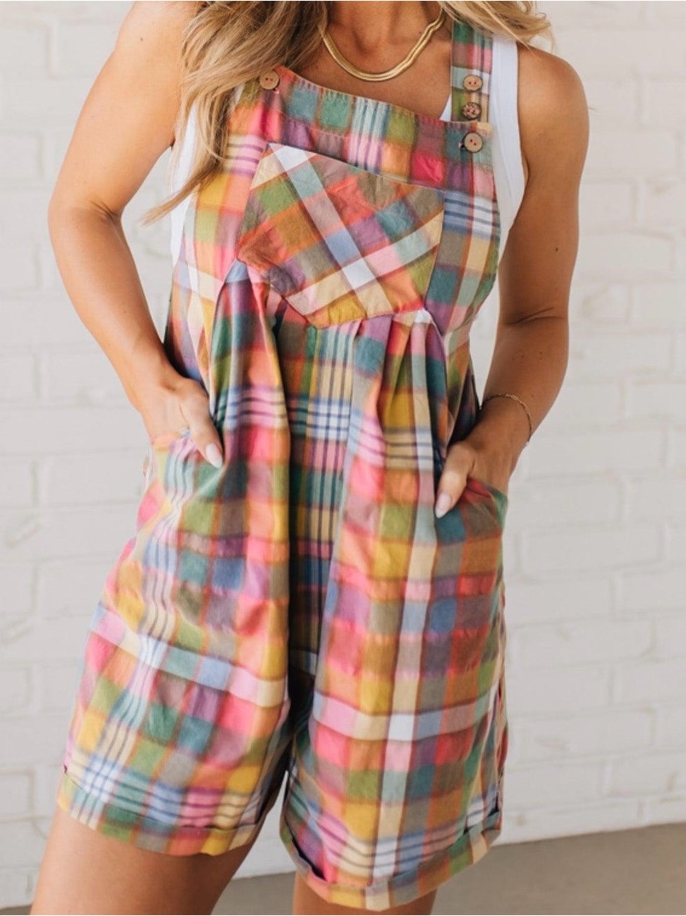 BiBi Retro Vintage Plaid Wide Leg Overalls Romper with Pockets Size S
